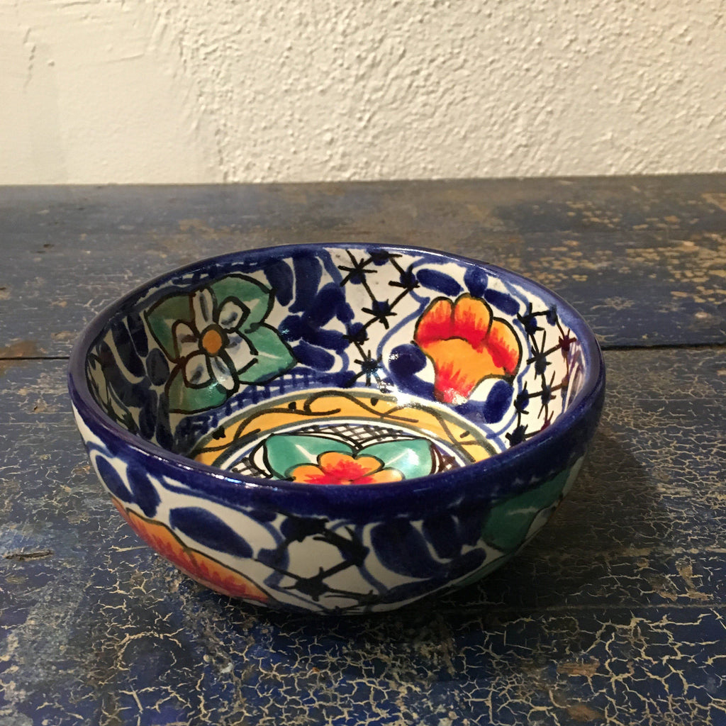 Mexican Talavera Cereal Bowls, Ready to Ship Ceramics Zinnia Folk Arts Cobalt & Orange  