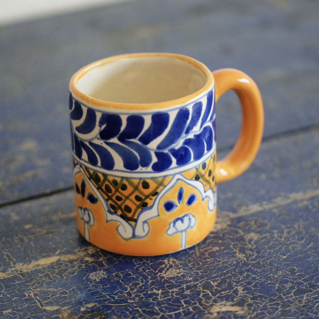 Mexican Talavera Coffee Mugs, Ready to Ship Ceramics Zinnia Folk Arts Blue on Saffron Yellow  