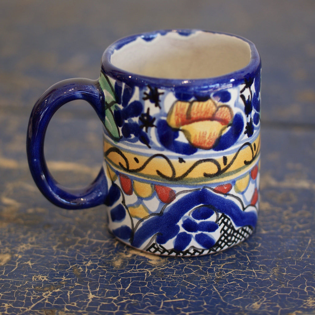 Mexican Talavera Coffee Mugs, Ready to Ship Ceramics Zinnia Folk Arts Cobalt with Orange  
