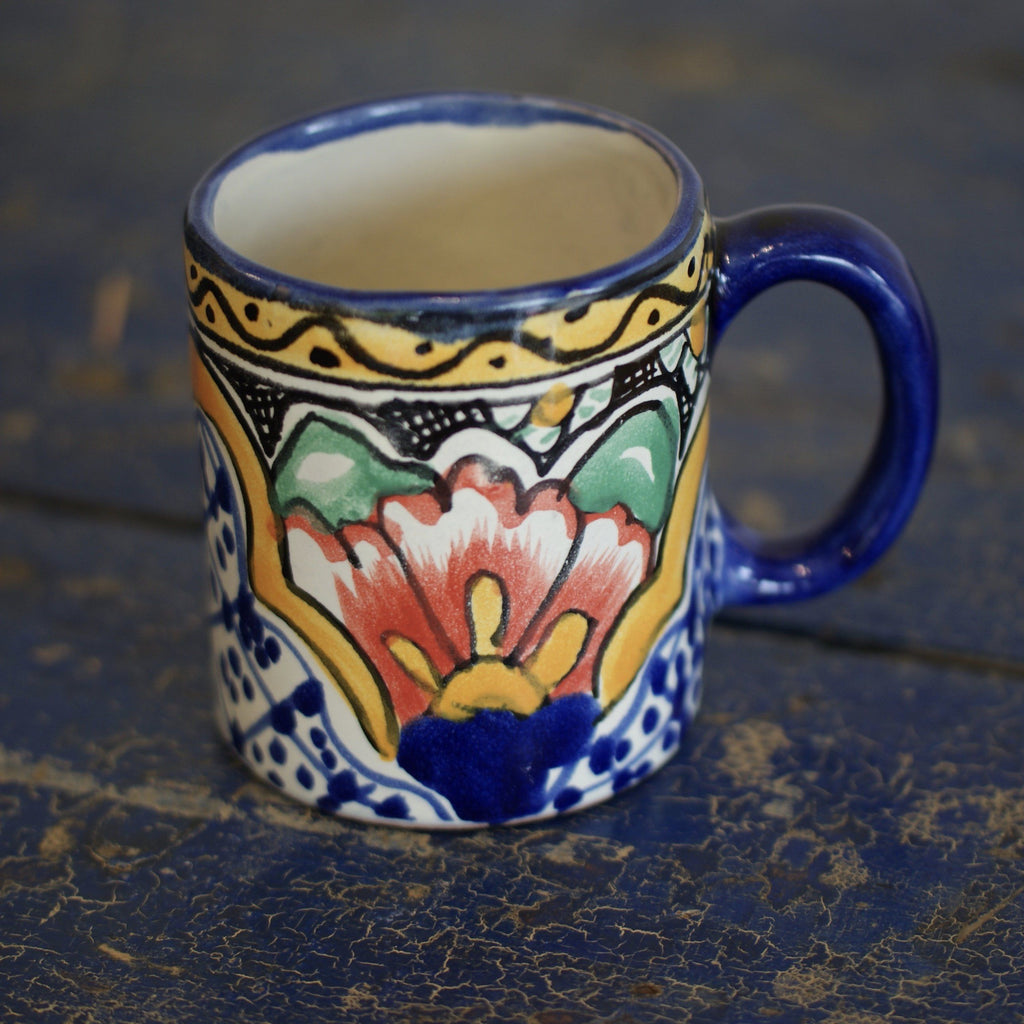 Mexican Talavera Coffee Mugs, Ready to Ship Ceramics Zinnia Folk Arts Orange Hibiscus  