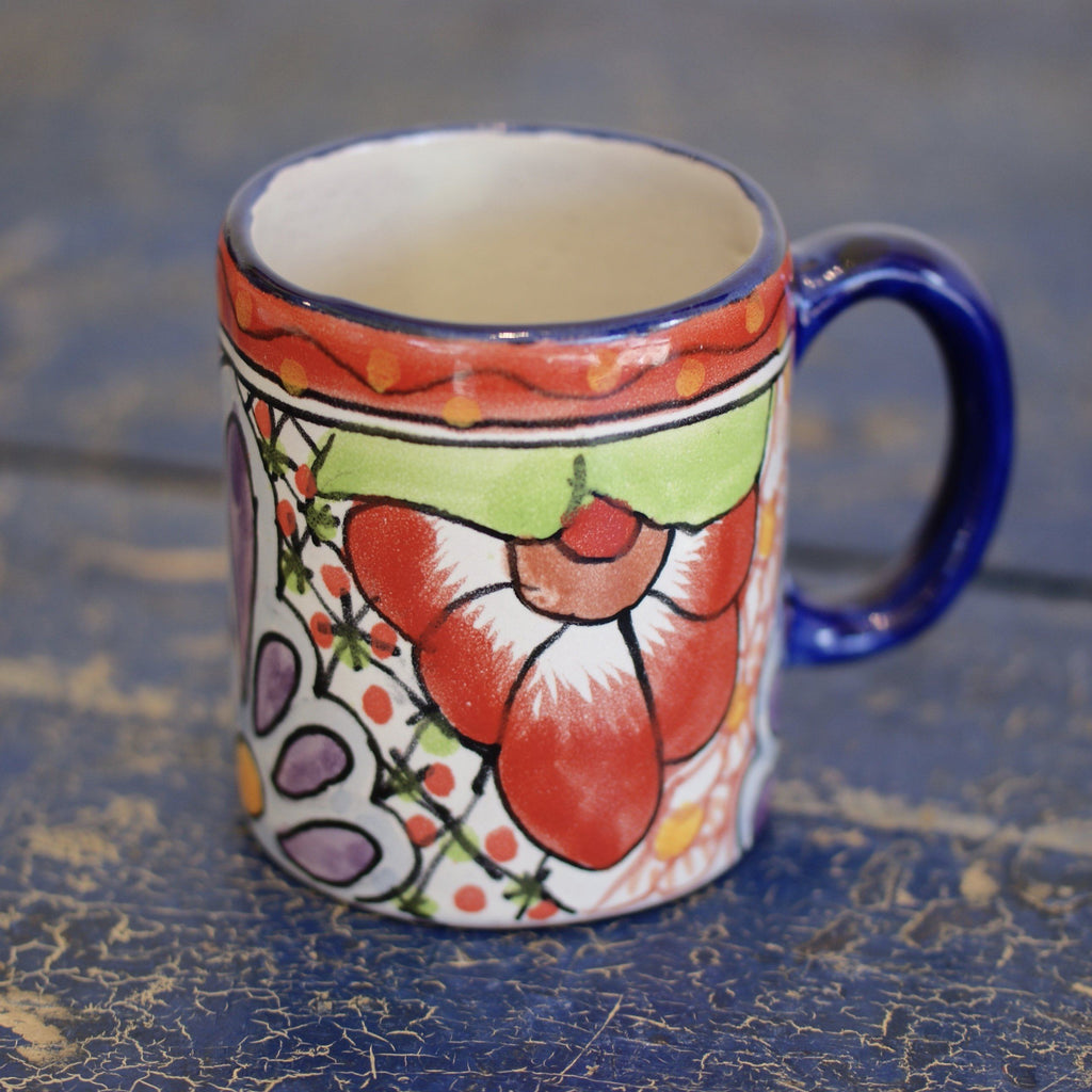 Mexican Talavera Coffee Mugs, Ready to Ship Ceramics Zinnia Folk Arts Rojo  