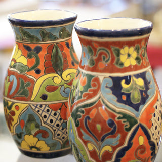 Mexican Talavera Flower Vase, Ready to Ship Ceramics Zinnia Folk Arts Cobalt lip with Multi-color  