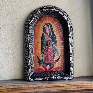 Mexican Wooden Batea with Guadalupe religious Zinnia Folk Arts   