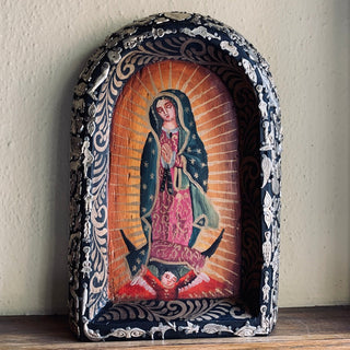 Mexican Wooden Batea with Guadalupe religious Zinnia Folk Arts   