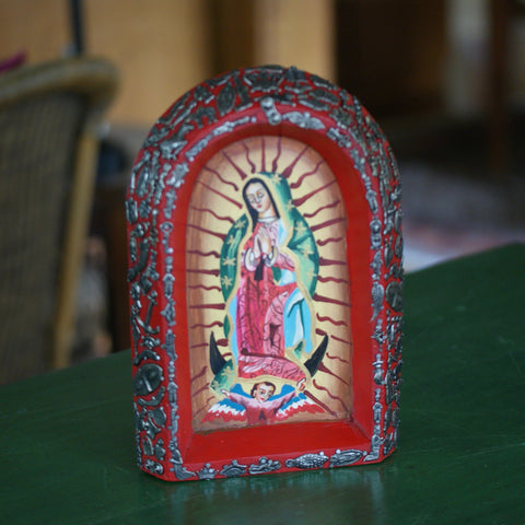 Mexican Wooden Batea with Guadalupe religious Zinnia Folk Arts Red Frame with Silver Milagros  