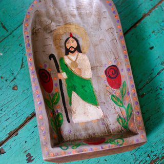 Mexican Wooden Batea with Religious Figures religious Zinnia Folk Arts   