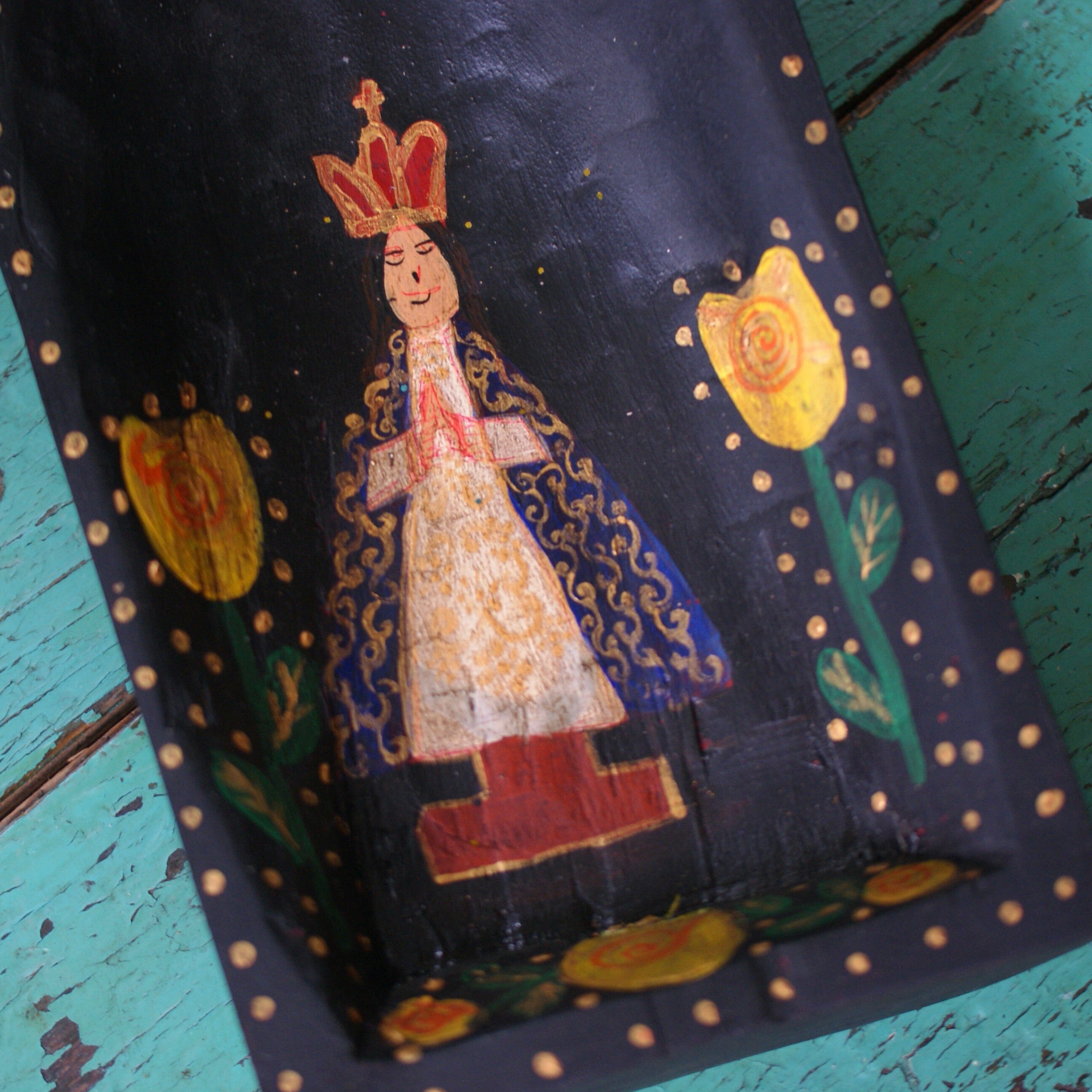 Mexican Wooden Batea with Religious Figures religious Zinnia Folk Arts   