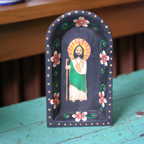 Mexican Wooden Batea with Religious Figures religious Zinnia Folk Arts Black with Pink and White Flowers  