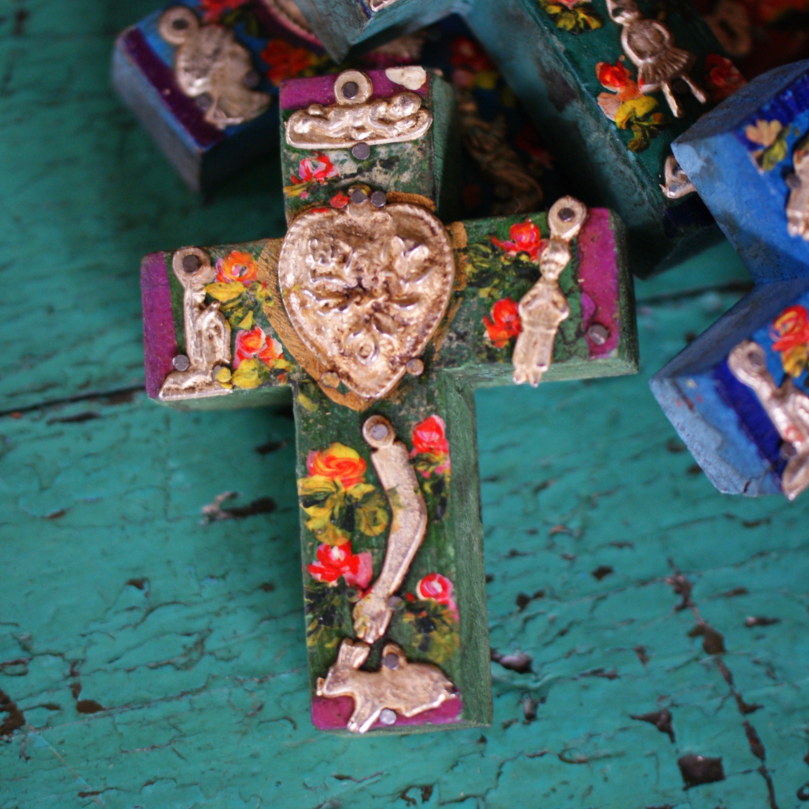 Milagro Covered Cross, Small religious Zinnia Folk Arts   