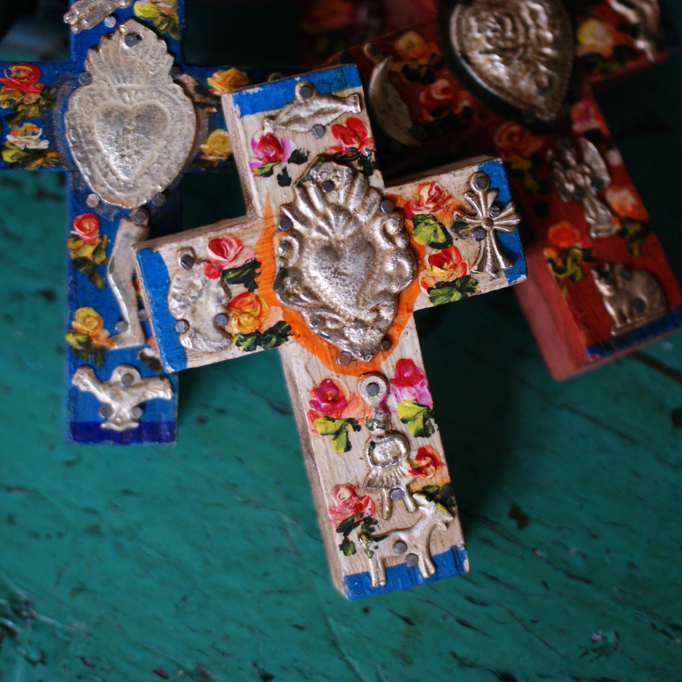 Milagro Covered Cross, Small religious Zinnia Folk Arts   
