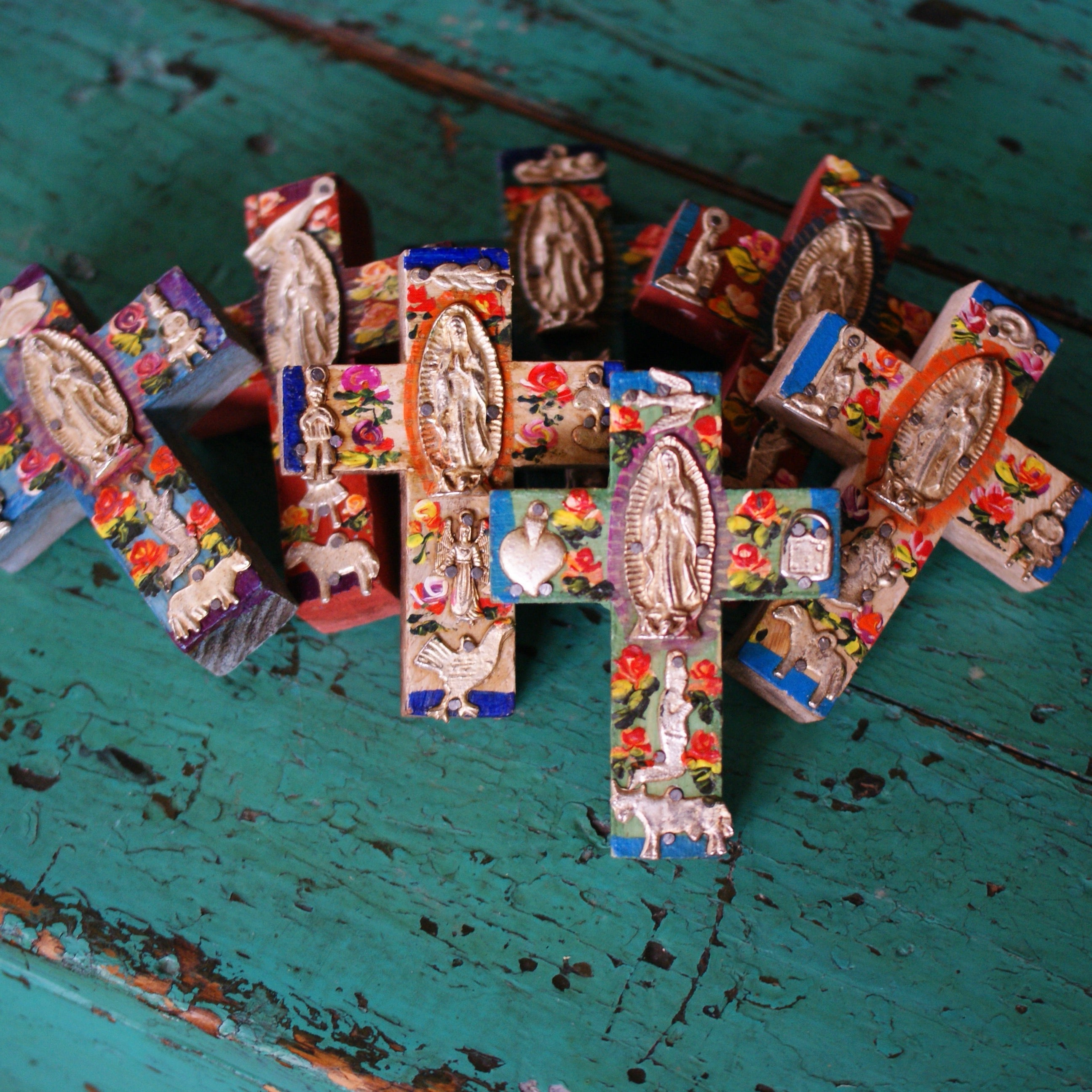 Milagro Covered Cross, Small religious Zinnia Folk Arts Guadalupe in Center  