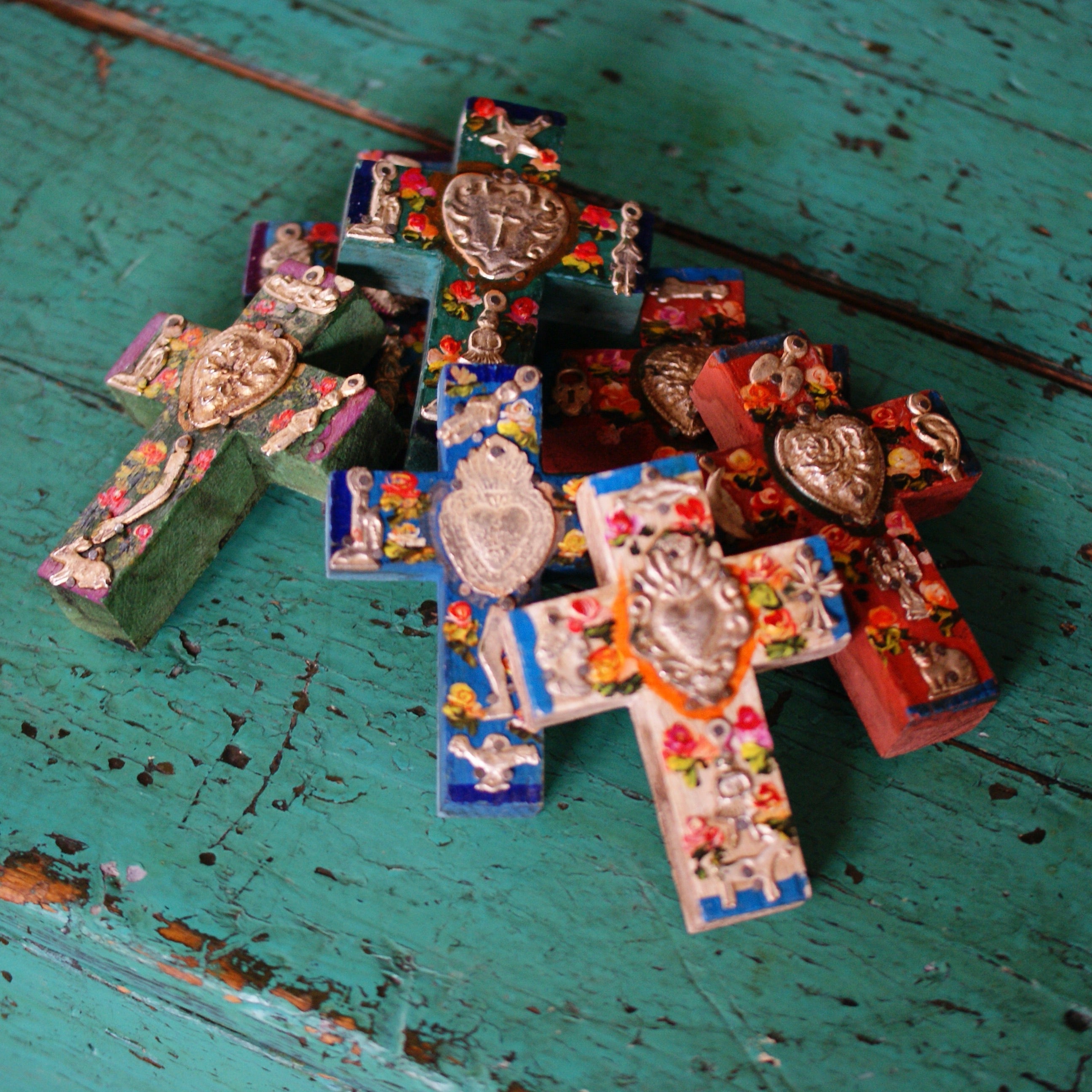 Milagro Covered Cross, Small religious Zinnia Folk Arts Sacred Heart in Center  