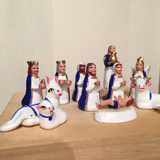 Mini and Extra Mini Clay Tlaxcala Nativity Scene, 12 pieces Christmas Zinnia Folk Arts White with Blue/Extra Mini  