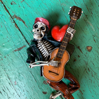 LAST ONE! Musical Skeletons, Potato Paste Figures, Peru Day of the Dead Zinnia Folk Arts Heart with Baseball Cap  