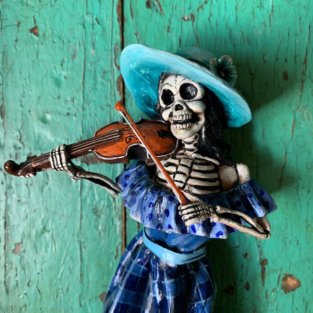 Musical Skeletons, Potato Paste Figures, Peru Day of the Dead Zinnia Folk Arts Violin Player  