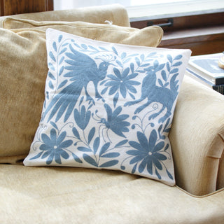 Otomi Hand Embroidered Pillow Covers, Solid Colors Textile Zinnia Folk Arts Blue Gray 1  
