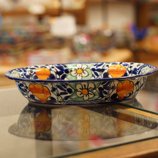 Oval-Shaped Mexican Talavera Serving Bowl Ceramics Zinnia Folk Arts Cobalt  