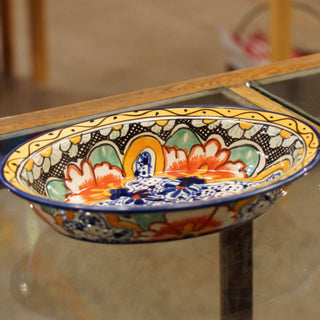 Oval-Shaped Mexican Talavera Serving Bowl Ceramics Zinnia Folk Arts Orange Hibiscus  