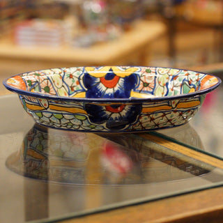 Oval-Shaped Mexican Talavera Serving Bowl Ceramics Zinnia Folk Arts Red Petunia  