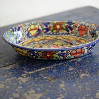 Oval-Shaped Mexican Talavera Serving Bowl Ceramics Zinnia Folk Arts Red Petunia with Gold  