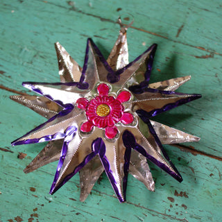 Painted Double Sided Hammered and Cut Tin Star, Extra Large Christmas Zinnia Folk Arts Purple  