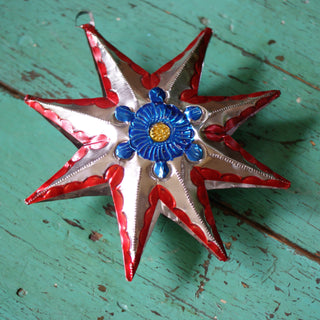 Painted Double Sided Hammered and Cut Tin Star, Extra Large Christmas Zinnia Folk Arts Red  