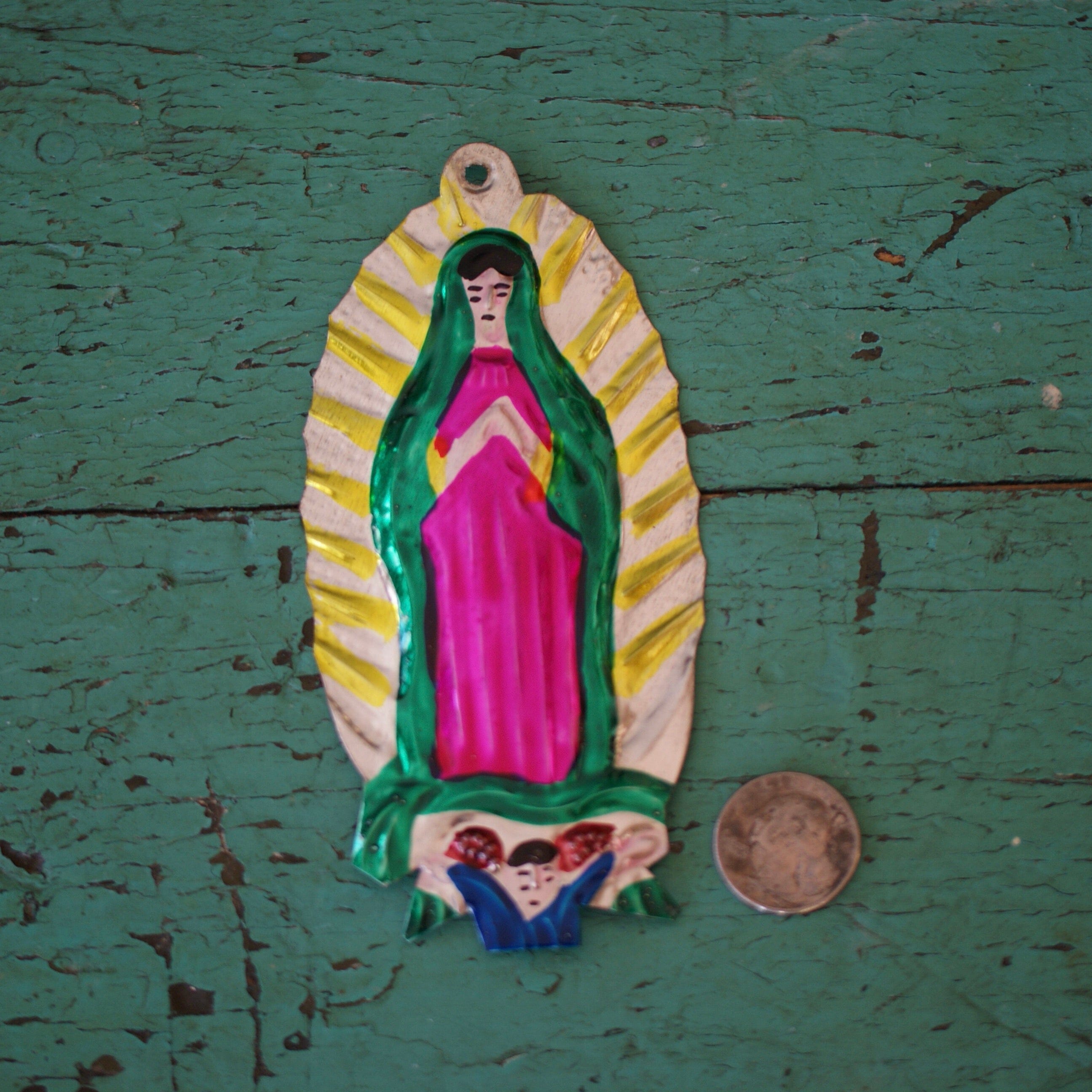 Painted Tin Virgen de Guadalupes, Shiny Finish Christmas Zinnia Folk Arts   