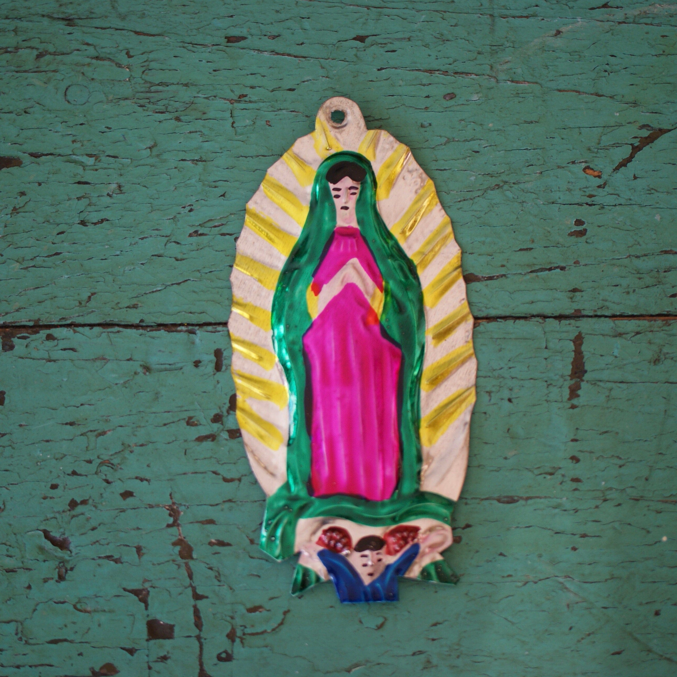 Painted Tin Virgen de Guadalupes, Shiny Finish Christmas Zinnia Folk Arts   