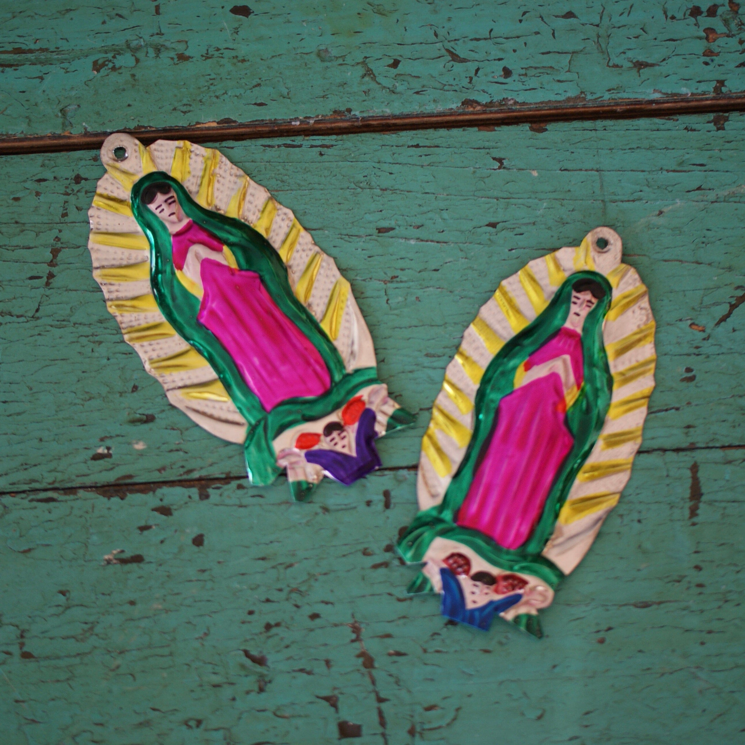 Painted Tin Virgen de Guadalupes, Shiny Finish Christmas Zinnia Folk Arts   