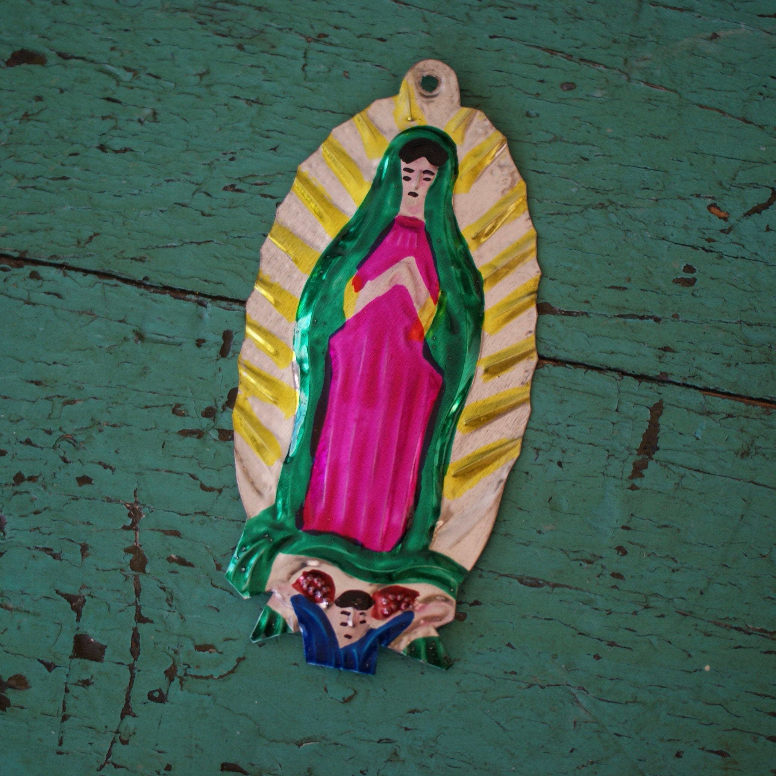 Painted Tin Virgen de Guadalupes, Shiny Finish Christmas Zinnia Folk Arts   