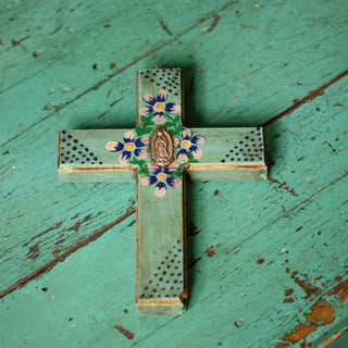 Painted Wood Cross with Guadalupe Milagro religious Zinnia Folk Arts   
