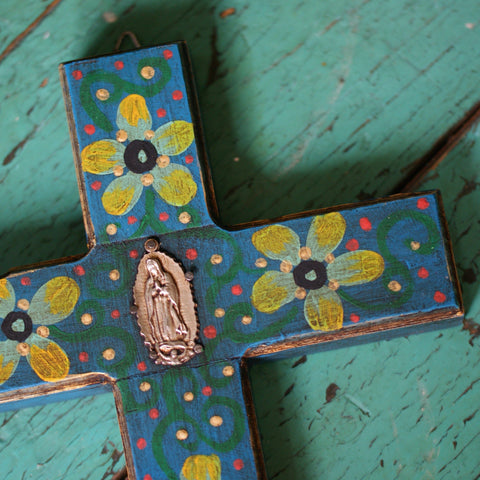 Painted Wood Cross with Guadalupe Milagro religious Zinnia Folk Arts Dark Blue  