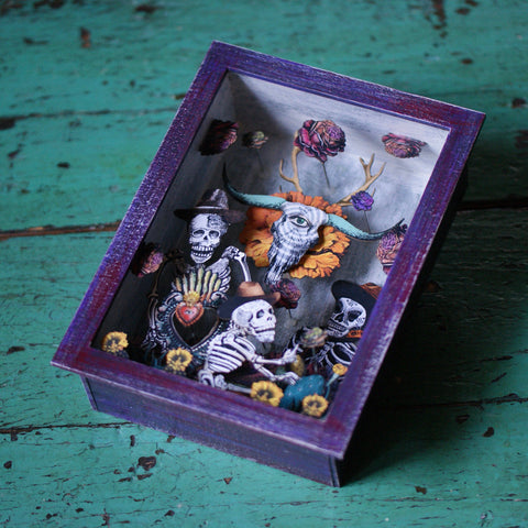 Painted Wood Nicho Boxes by American Folk Artist Day of the Dead Zinnia Folk Arts Day of the Dead Skeletons  