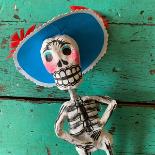 Papel Mache Rustic Skeletons, Bouncing Neck Day of the Dead Zinnia Folk Arts Blue  