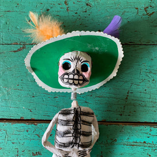 Papel Mache Rustic Skeletons, Bouncing Neck Day of the Dead Zinnia Folk Arts Green  