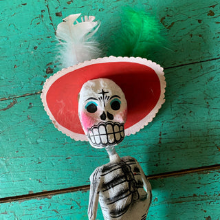 Papel Mache Rustic Skeletons, Bouncing Neck Day of the Dead Zinnia Folk Arts Red  