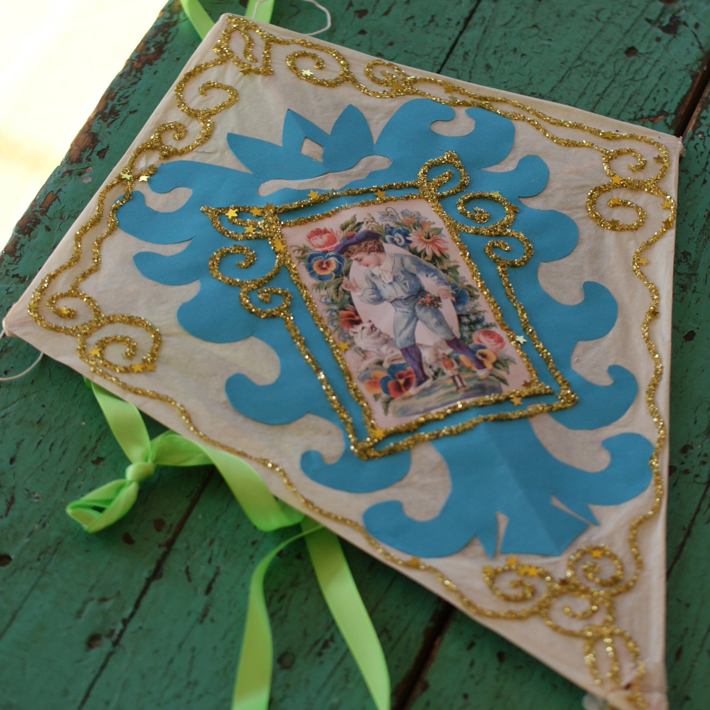 Paper Kites  Zinnia Folk Arts Boy in Blue on Cream Kite  