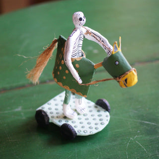 Paper Mache Whimsy on a Horse Whimsical Zinnia Folk Arts Skeleton on Green Horse  