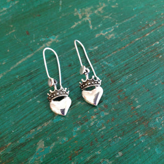 Petite Crowned Sacred Heart Earrings, Sterling Silver Jewelry Zinnia Folk Arts   