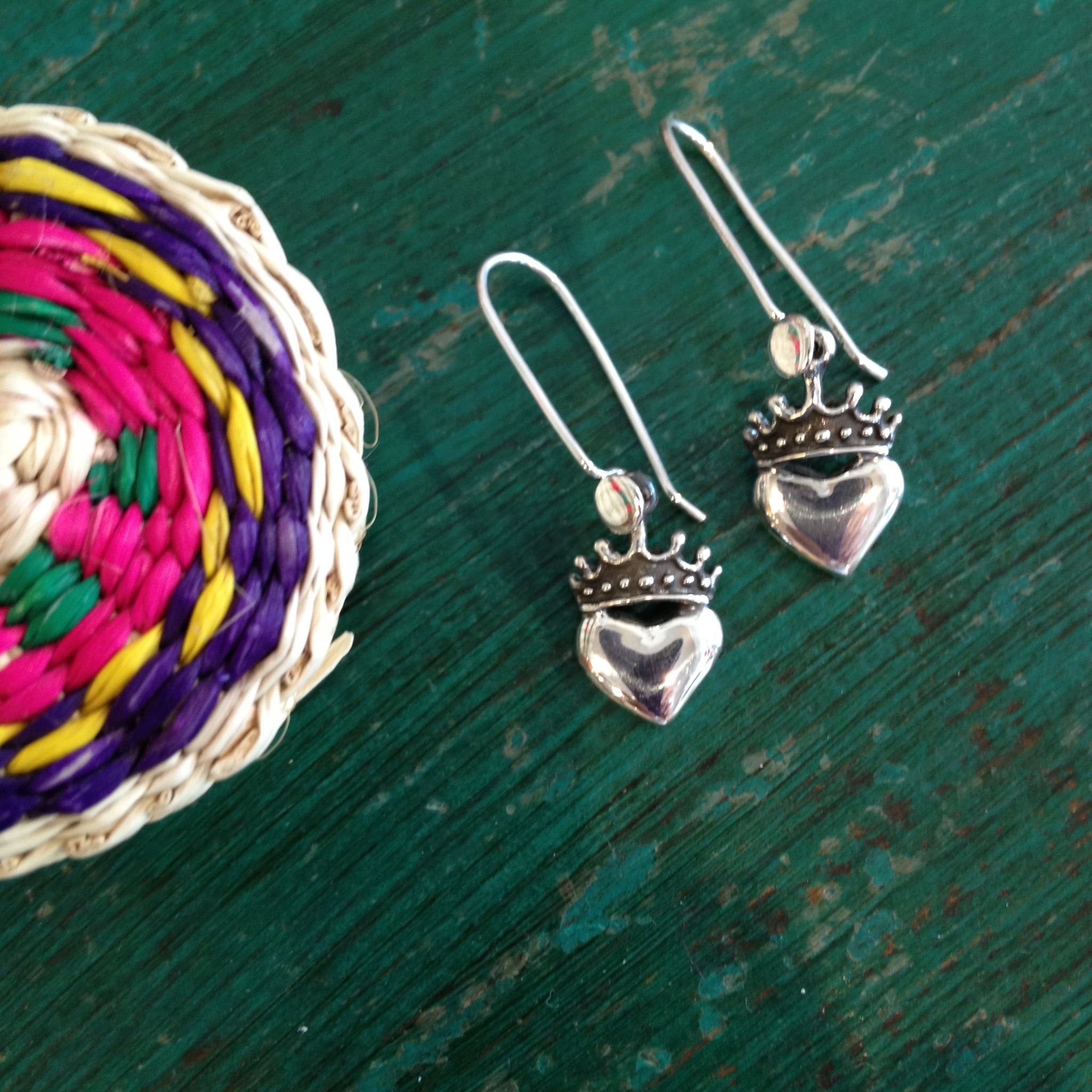 Petite Crowned Sacred Heart Earrings, Sterling Silver Jewelry Zinnia Folk Arts   