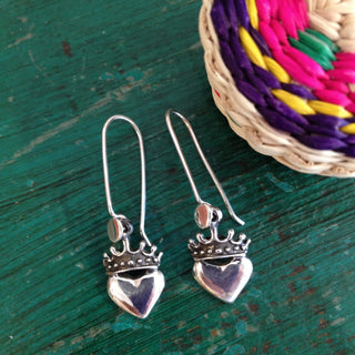 Petite Crowned Sacred Heart Earrings, Sterling Silver Jewelry Zinnia Folk Arts Earrings  