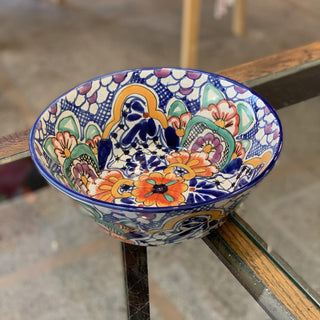 Pozole Mexican Talavera Salad Bowl, Large, Ready to Ship Ceramics Zinnia Folk Arts Bright Orange Flower  