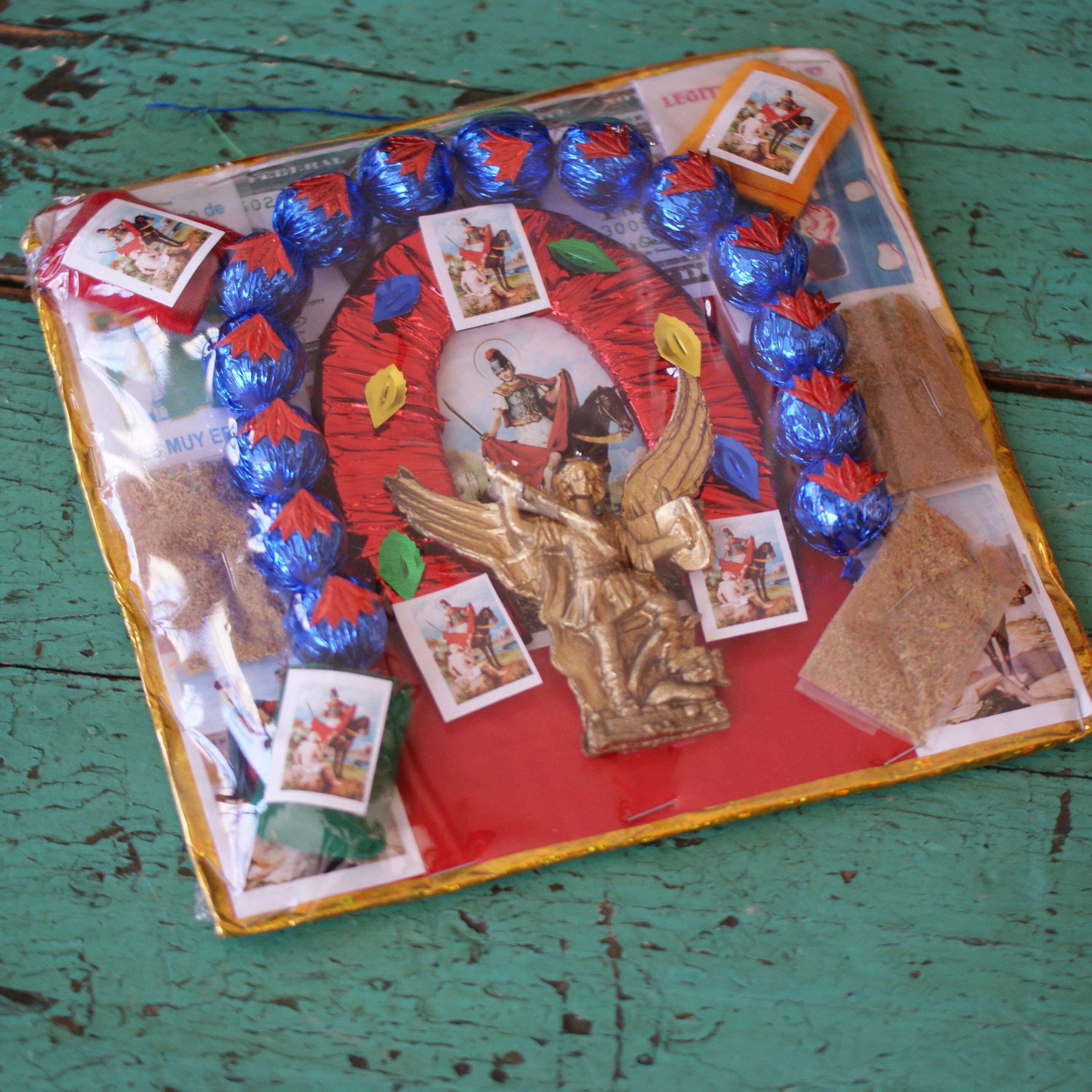 Red Amulet Mexican Protecciones-DAMAGED religious Zinnia Folk Arts Large-St. Michael-blue