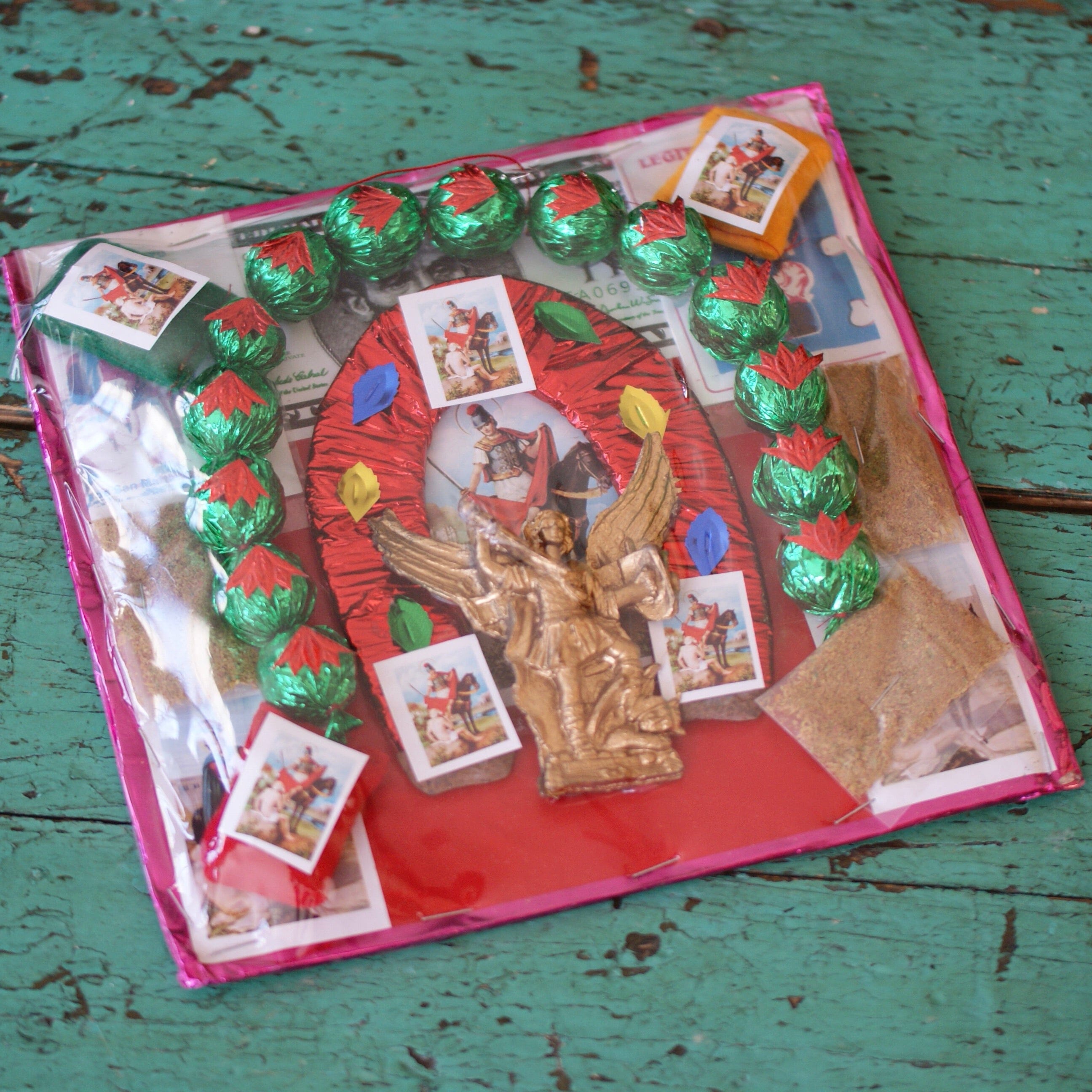 Red Amulet Mexican Protecciones-DAMAGED religious Zinnia Folk Arts Large-St. Michael-green