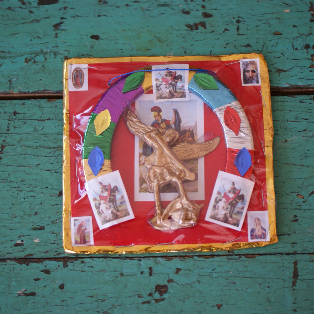 Red Amulet Mexican Protecciones religious Zinnia Folk Arts Small-San Miguel-gold rim  