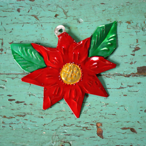 Red Poinsetta Painted Tin Ornaments Christmas Zinnia Folk Arts Red  