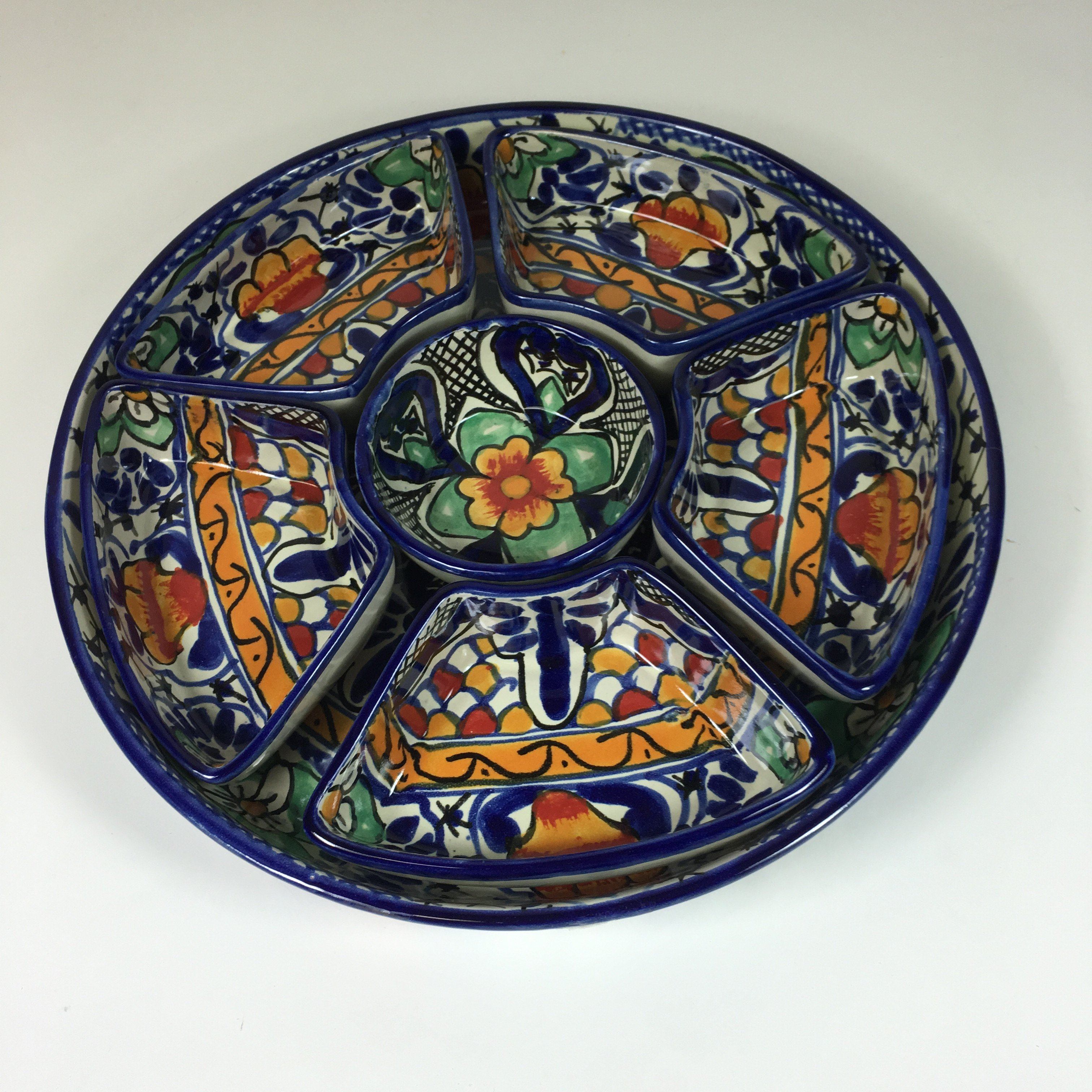 Round Appetizer Tray with Removable Bowls, Ready to Ship Ceramics Zinnia Folk Arts   