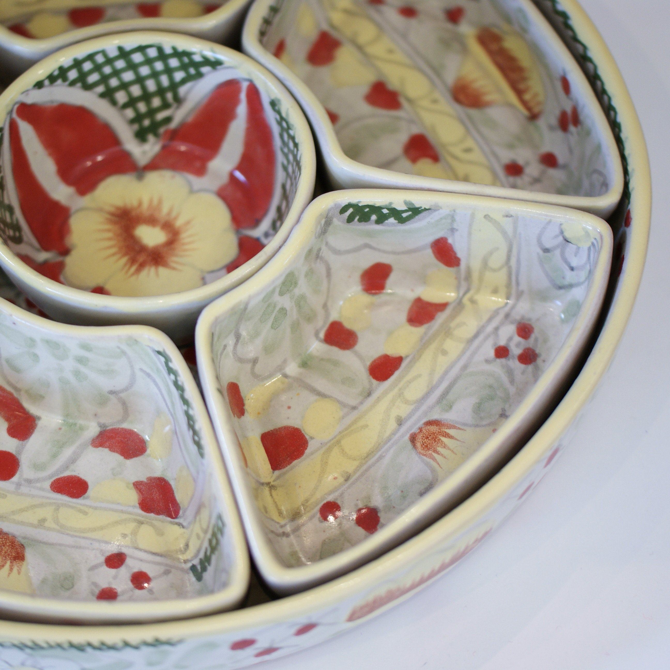 Round Appetizer Tray with Removable Bowls, Ready to Ship Ceramics Zinnia Folk Arts   