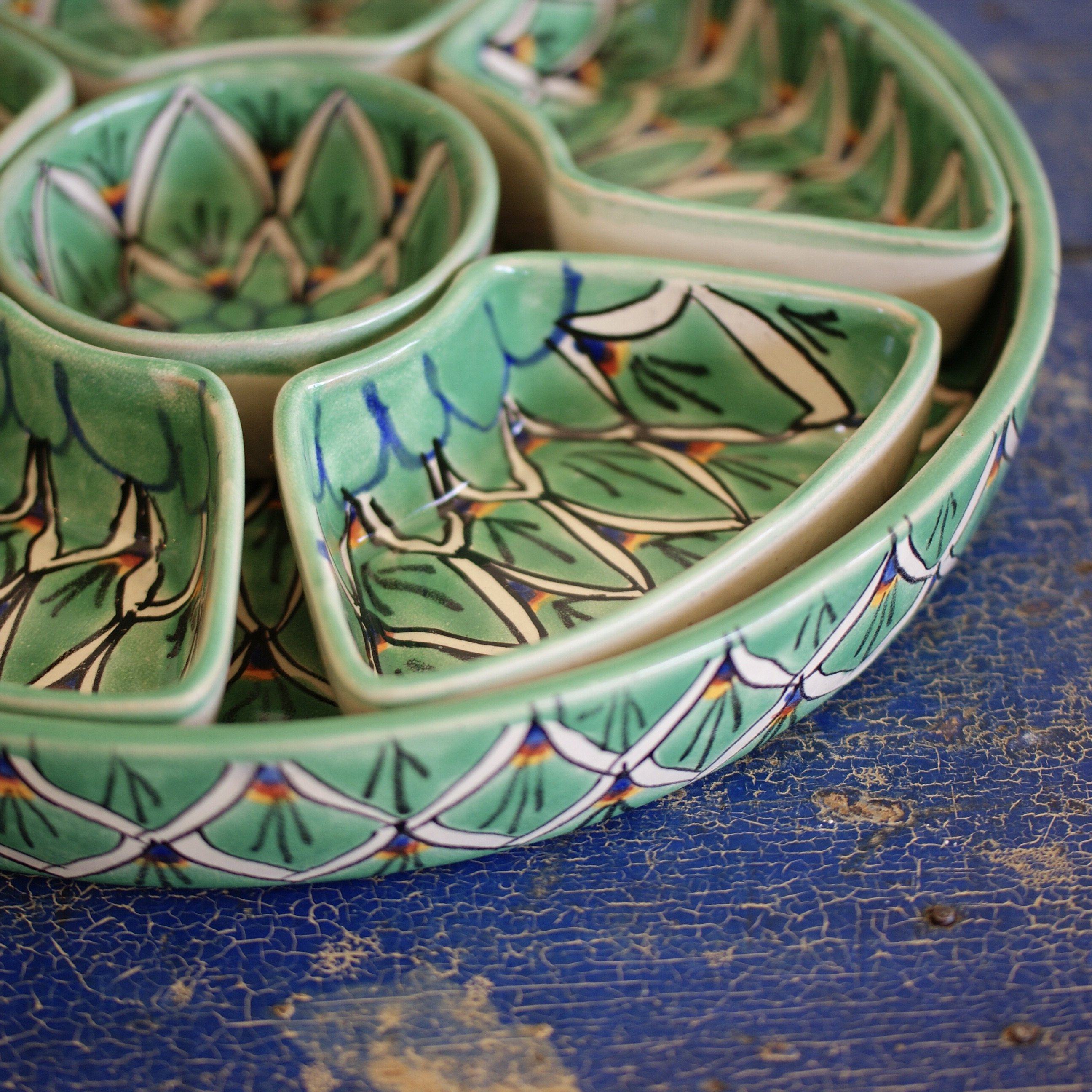 Round Appetizer Tray with Removable Bowls, Ready to Ship Ceramics Zinnia Folk Arts   
