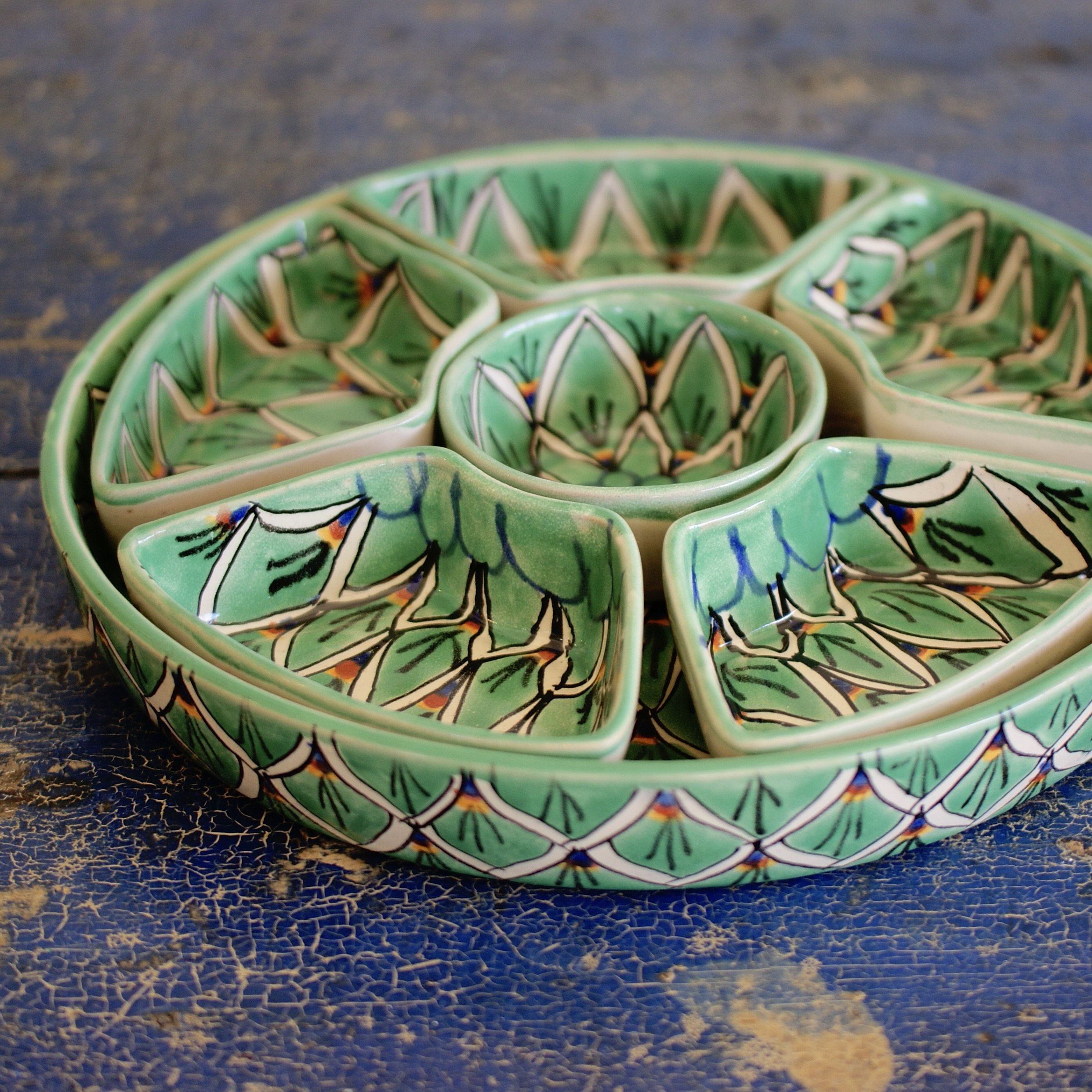 Round Appetizer Tray with Removable Bowls, Ready to Ship Ceramics Zinnia Folk Arts   